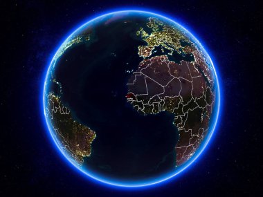 Senegal görünür Kenarlıklar ve şehir ışıkları ile gece Planet Earth kırmızı vurgulanır. 3D çizim. Nasa tarafından döşenmiş bu görüntü unsurları.