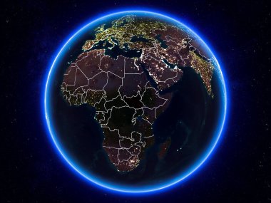 Güney Sudan görünür Kenarlıklar ve şehir ışıkları ile gece Planet Earth kırmızı vurgulanır. 3D çizim. Nasa tarafından döşenmiş bu görüntü unsurları.