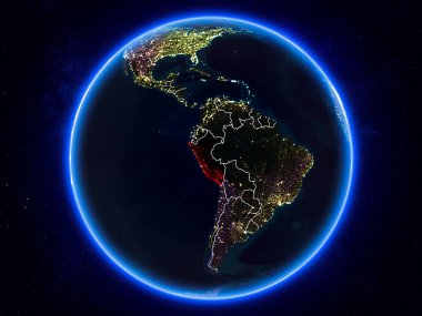 Peru görünür Kenarlıklar ve şehir ışıkları ile gece Planet Earth kırmızı vurgulanır. 3D çizim. Nasa tarafından döşenmiş bu görüntü unsurları.