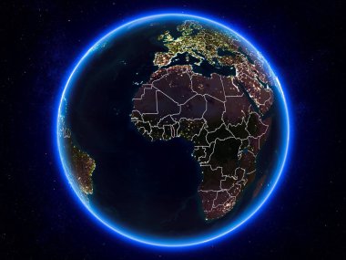 Togo görünür Kenarlıklar ve şehir ışıkları ile gece Planet Earth kırmızı vurgulanır. 3D çizim. Nasa tarafından döşenmiş bu görüntü unsurları.