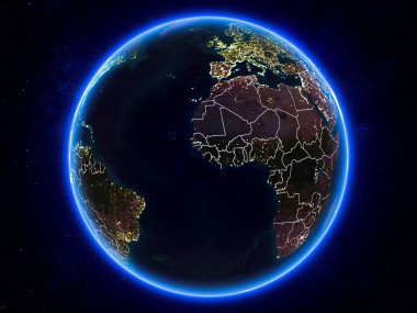 Sierra Leone görünür Kenarlıklar ve şehir ışıkları ile gece Planet Earth kırmızı vurgulanır. 3D çizim. Nasa tarafından döşenmiş bu görüntü unsurları.