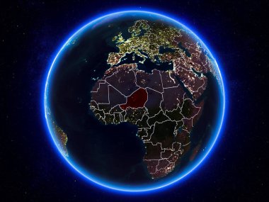 Nijer görünür Kenarlıklar ve şehir ışıkları ile gece Planet Earth kırmızı vurgulanır. 3D çizim. Nasa tarafından döşenmiş bu görüntü unsurları.