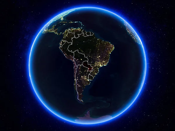 Paraguay Highlighted Red Planet Earth Night Visible Borders City Lights — Stock Photo, Image