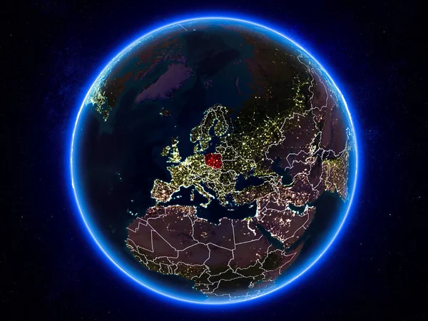 ポーランド可視境界線と街の明かりで夜地球上の赤で強調表示されます イラスト Nasa から提供されたこのイメージの要素 — ストック写真