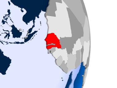 Senegal kırmızı şeffaf okyanuslar ile siyasi dünya modeli. 3D çizim.