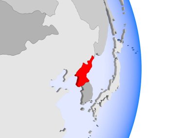 Kuzey Kore kırmızı şeffaf okyanuslar ile siyasi dünya modeli. 3D çizim.