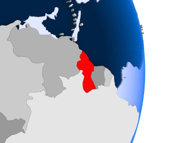 Guyana kırmızı şeffaf okyanuslar ile siyasi dünya modeli. 3D çizim.