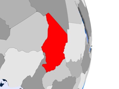 Chad kırmızı şeffaf okyanuslar ile siyasi dünya modeli. 3D çizim.