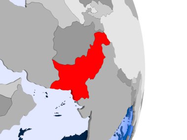 Pakistan kırmızı şeffaf okyanuslar ile siyasi dünya modeli. 3D çizim.