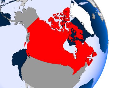 Kanada kırmızı şeffaf okyanuslar ile siyasi dünya modeli. 3D çizim.