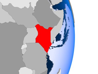 Kenya kırmızı şeffaf okyanuslar ile siyasi dünya modeli. 3D çizim.