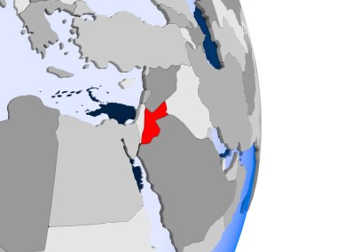 Jordan kırmızı şeffaf okyanuslar ile siyasi dünya modeli. 3D çizim.