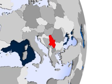 Sırbistan kırmızı şeffaf okyanuslar ile siyasi dünya modeli. 3D çizim.
