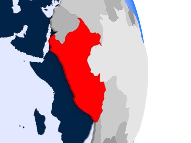 Peru kırmızı şeffaf okyanuslar ile siyasi dünya modeli. 3D çizim.