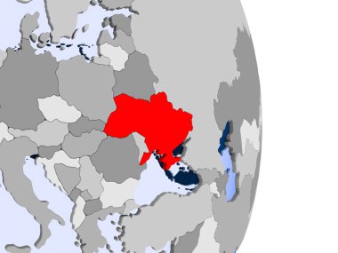 Ukrayna kırmızı şeffaf okyanuslar ile siyasi dünya modeli. 3D çizim.