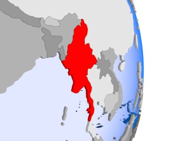 Myanmar kırmızı şeffaf okyanuslar ile siyasi dünya modeli. 3D çizim.