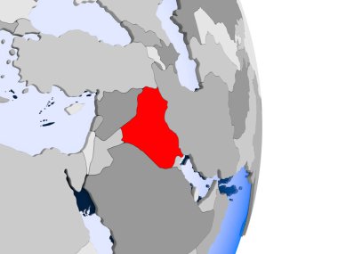 Irak kırmızı şeffaf okyanuslar ile siyasi dünya modeli. 3D çizim.