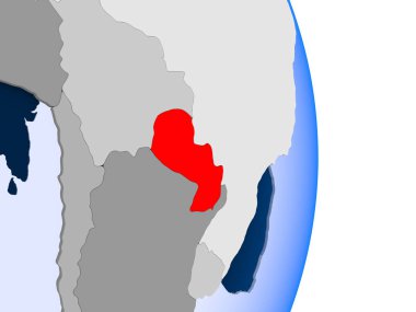 Paraguay kırmızı şeffaf okyanuslar ile siyasi dünya modeli. 3D çizim.
