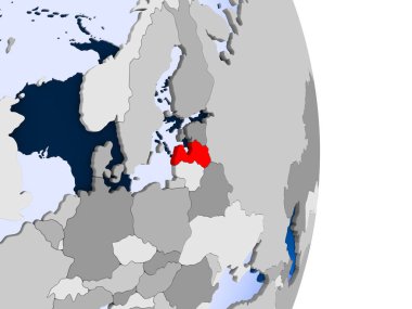 Letonya kırmızı şeffaf okyanuslar ile siyasi dünya modeli. 3D çizim.