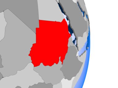 Sudan modeli şeffaf okyanuslar ile siyasi dünya bir kırmızı. 3D çizim.