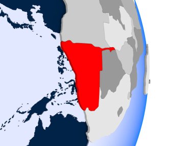 Namibya kırmızı şeffaf okyanuslar ile siyasi dünya modeli. 3D çizim.