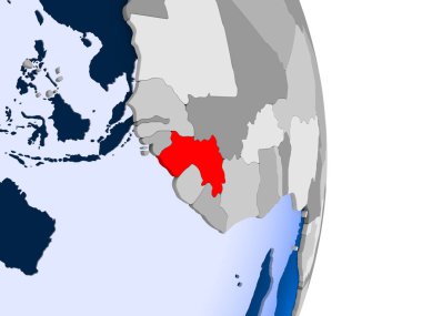 Gine kırmızı şeffaf okyanuslar ile siyasi dünya modeli. 3D çizim.