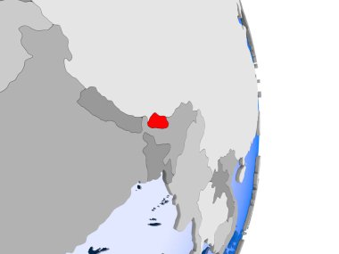 Bhutan kırmızı şeffaf okyanuslar ile siyasi dünya modeli. 3D çizim.