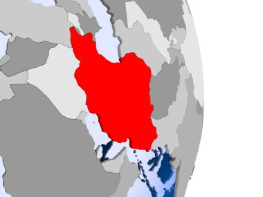 İran'da kırmızı şeffaf okyanuslar ile siyasi dünya modeli. 3D çizim.