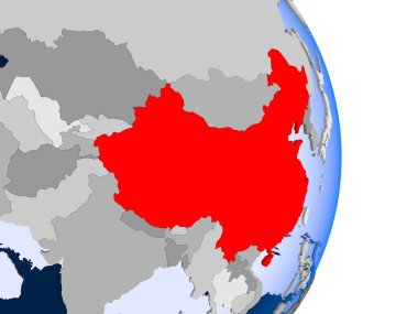 Çin modeli şeffaf okyanuslar ile siyasi dünya bir kırmızı. 3D çizim.