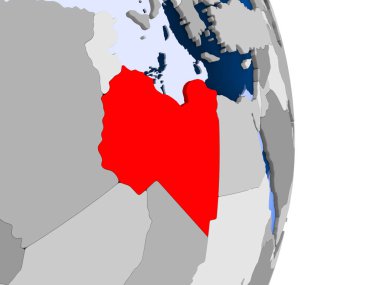 Libya kırmızı şeffaf okyanuslar ile siyasi dünya modeli. 3D çizim.