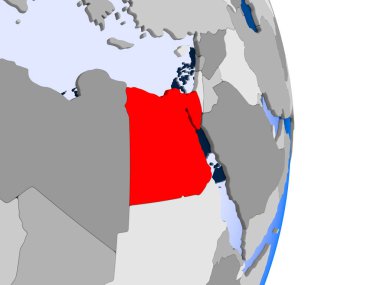 Mısır kırmızı şeffaf okyanuslar ile siyasi dünya modeli. 3D çizim.
