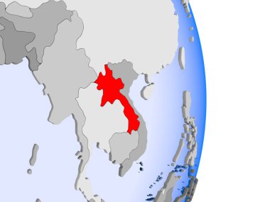 Laos kırmızı şeffaf okyanuslar ile siyasi dünya modeli. 3D çizim.