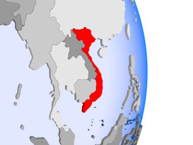 Vietnam kırmızı şeffaf okyanuslar ile siyasi dünya modeli. 3D çizim.