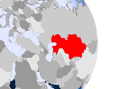 Kazakistan kırmızı şeffaf okyanuslar ile siyasi dünya modeli. 3D çizim.