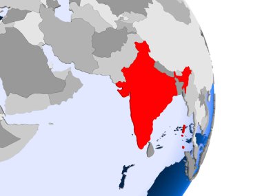 Hindistan kırmızı şeffaf okyanuslar ile siyasi dünya modeli. 3D çizim.