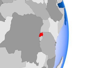 Ruanda kırmızı şeffaf okyanuslar ile siyasi dünya modeli. 3D çizim.