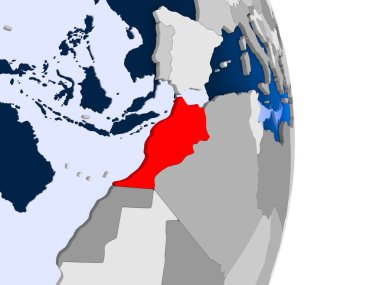 Fas kırmızı şeffaf okyanuslar ile siyasi dünya modeli. 3D çizim.