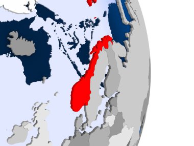 Norveç kırmızı şeffaf okyanuslar ile siyasi dünya modeli. 3D çizim.