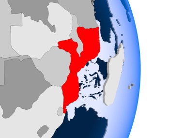 Mozambik kırmızı şeffaf okyanuslar ile siyasi dünya modeli. 3D çizim.