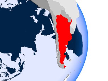 Arjantin modeli şeffaf okyanuslar ile siyasi dünya bir kırmızı. 3D çizim.