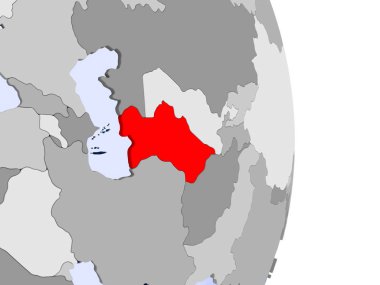 Türkmenistan kırmızı şeffaf okyanuslar ile siyasi dünya modeli. 3D çizim.