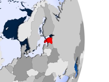 Estonya kırmızı şeffaf okyanuslar ile siyasi dünya modeli. 3D çizim.