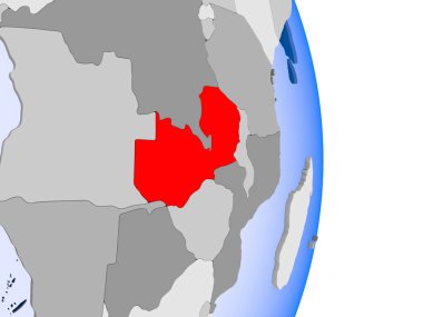Zambiya kırmızı şeffaf okyanuslar ile siyasi dünya modeli. 3D çizim.