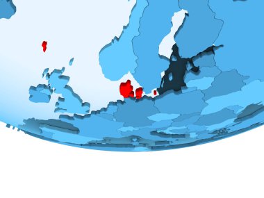 Şeffaf okyanuslar ile mavi küre kırmızı vurgulanır Danimarka Illustration. 3D çizim.