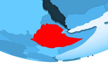 Resimde saydam okyanuslar ile mavi küre kırmızı vurgulanır Etiyopya. 3D çizim.