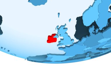 İllüstrasyon İrlanda şeffaf okyanuslar ile mavi küre kırmızı vurgulanır. 3D çizim.