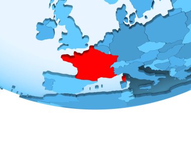 Fransa illüstrasyon kırmızı şeffaf okyanuslar ile mavi küre üzerinde vurgulanır. 3D çizim.