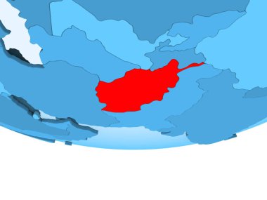 Resimde saydam okyanuslar ile mavi küre kırmızı vurgulanır Afganistan'ın. 3D çizim.