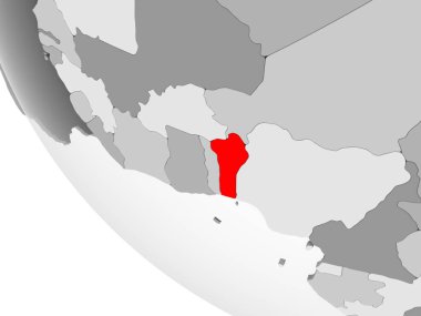 Benin kırmızı görünür ülke sınırları ve şeffaf okyanuslar ile basit gri siyasi dünya üzerinde. 3D çizim.