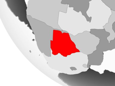 Botsvana kırmızı görünür ülke sınırları ve şeffaf okyanuslar ile basit gri siyasi dünya üzerinde. 3D çizim.